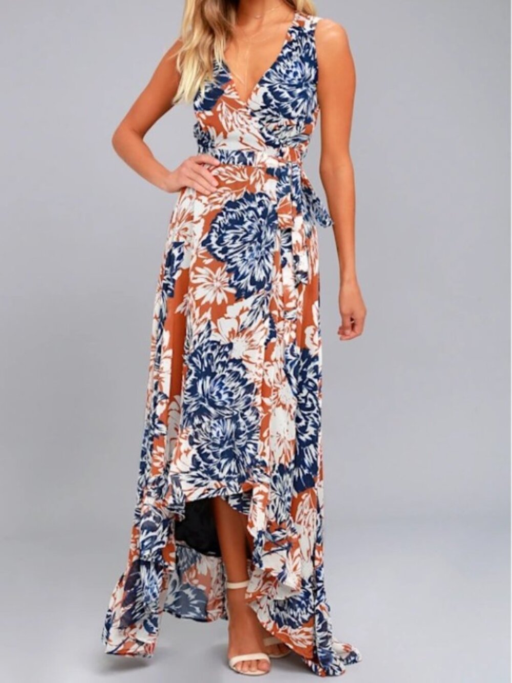 Lulus Desert Trip Rust Orange Floral High-Low Wrap Maxi Dress Size Large